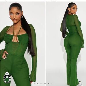 Fashion Nova Green Mesh Corset Jumpsuit